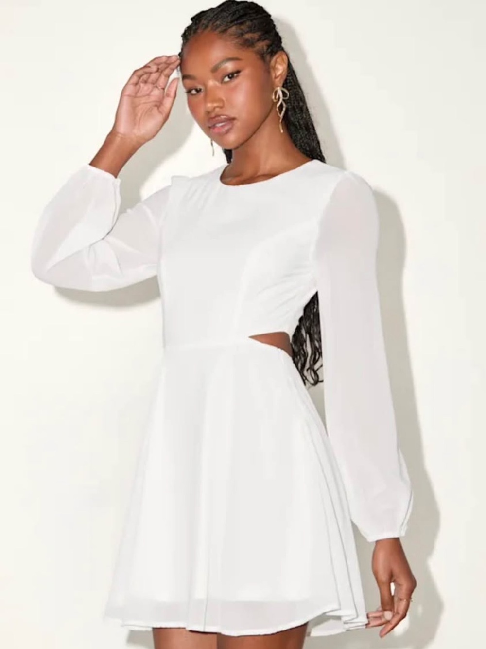 Lulu's White Long-Sleeve Cutout Fit & Flare Dress